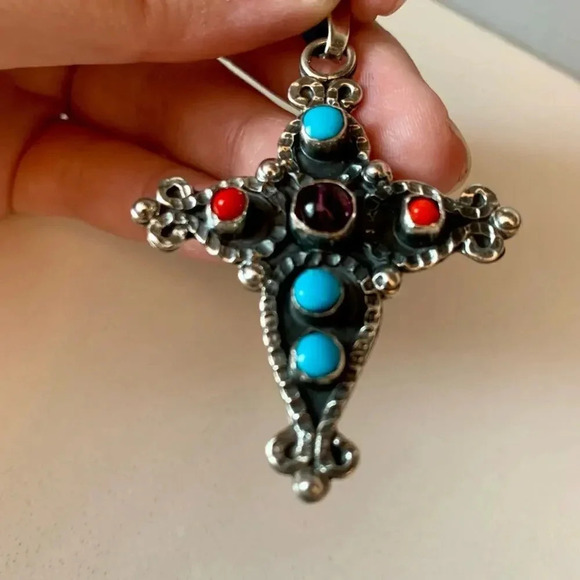 Vintage (?) Mexico Sterling 925 Turquoise Coral MATL Style Cross Pendant - Picture 4 of 5
